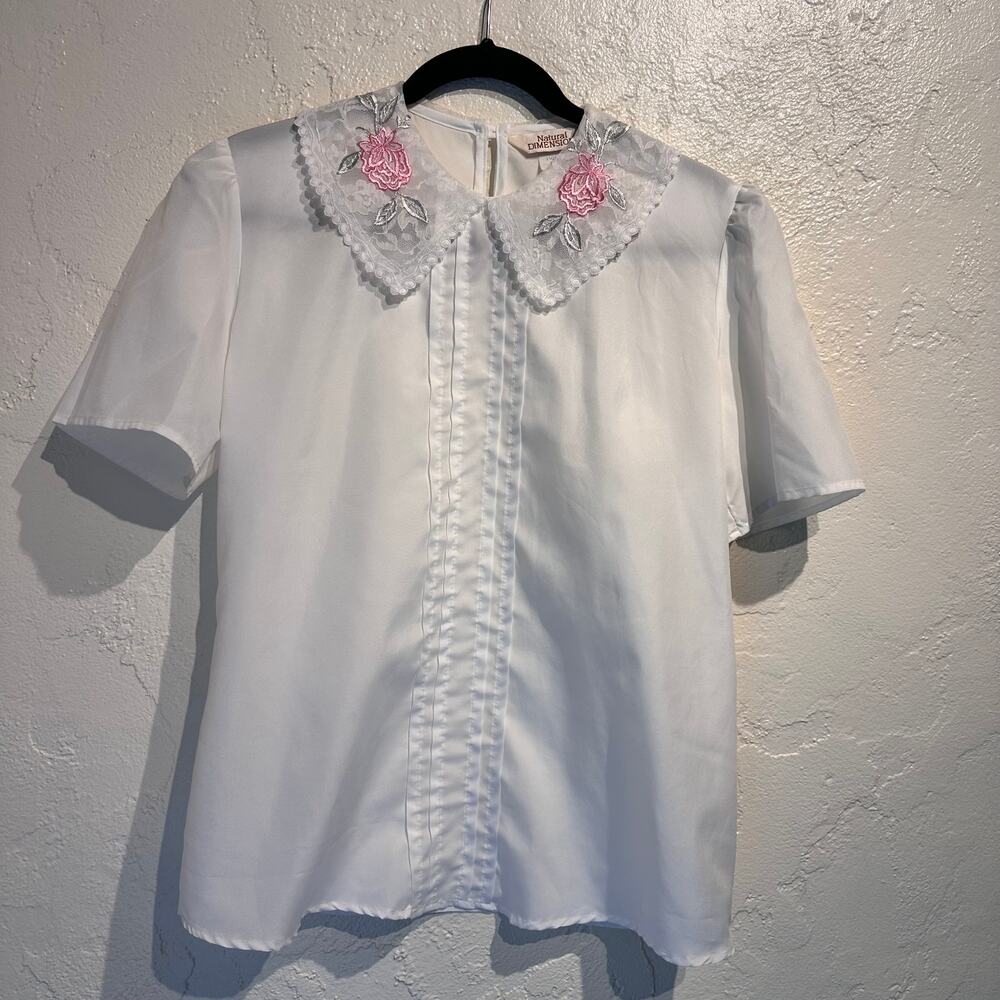 Vintage Blouse 10 White Embroidered Lace Collar Made in USA Coquette Cottagecore
